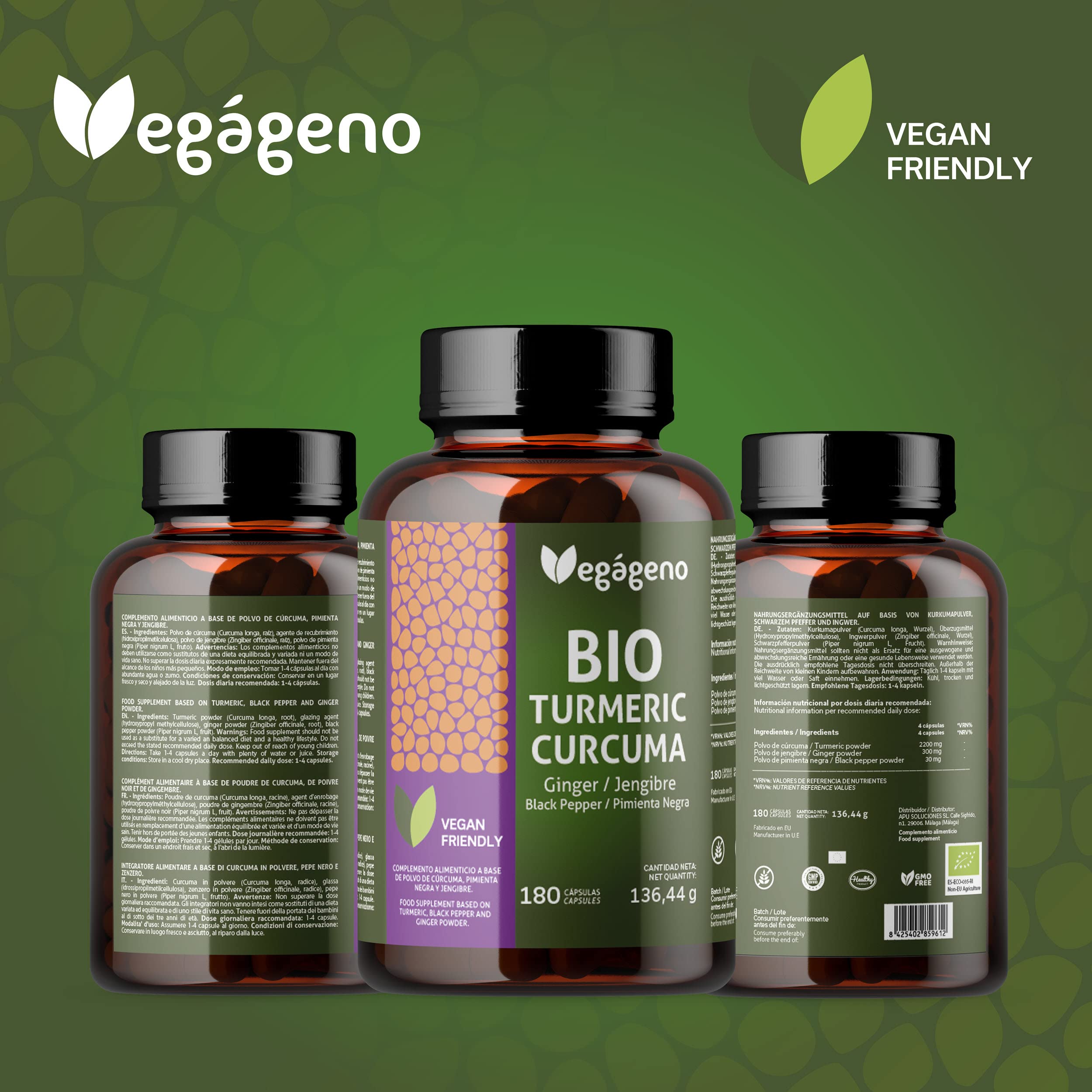 ORGANIC KURCUMA 180 capsules with Ginger and Black Pepper. 100